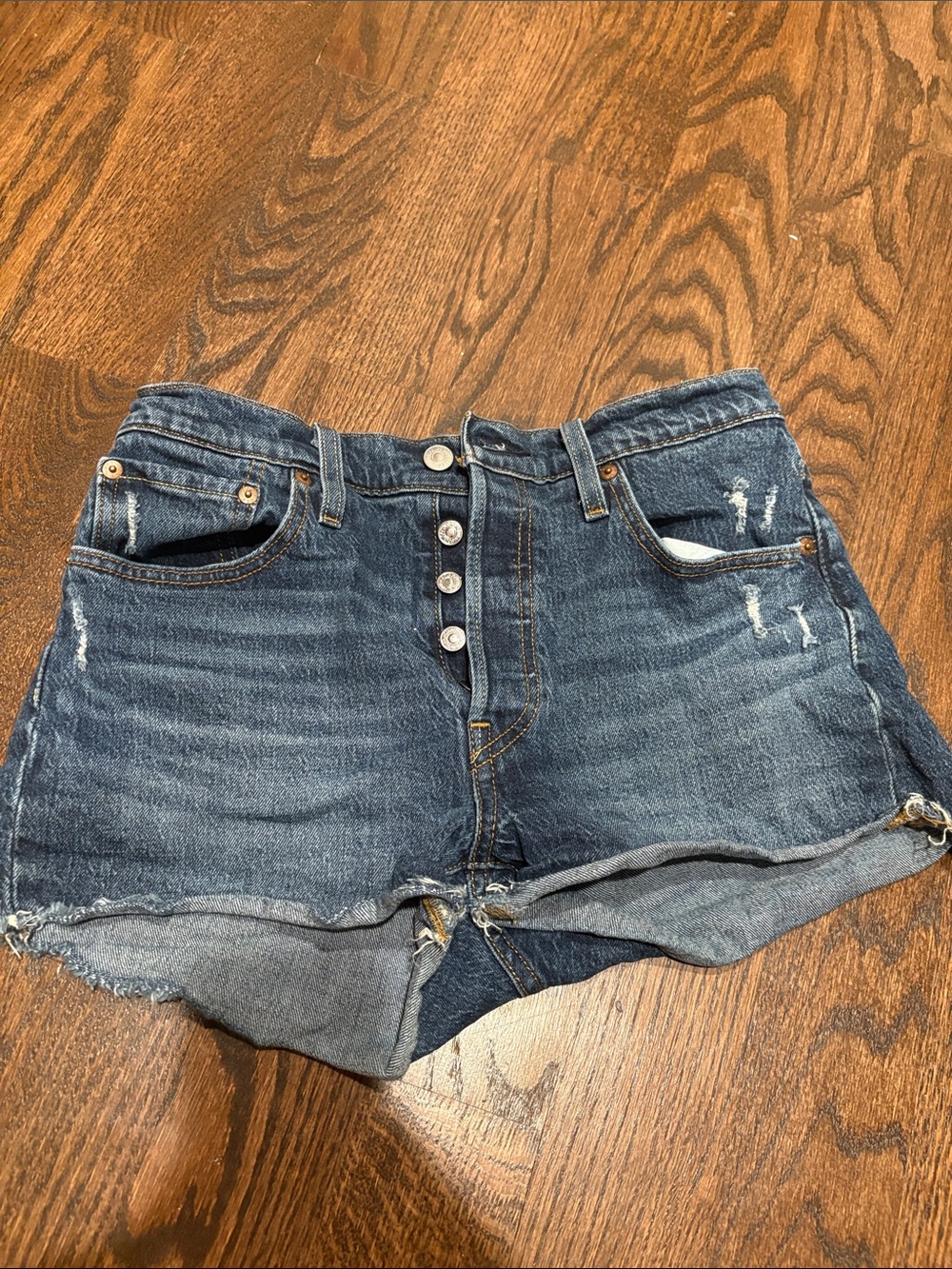 Levi 501 High-Rise Distressed Denim Shorts - Dark Blue